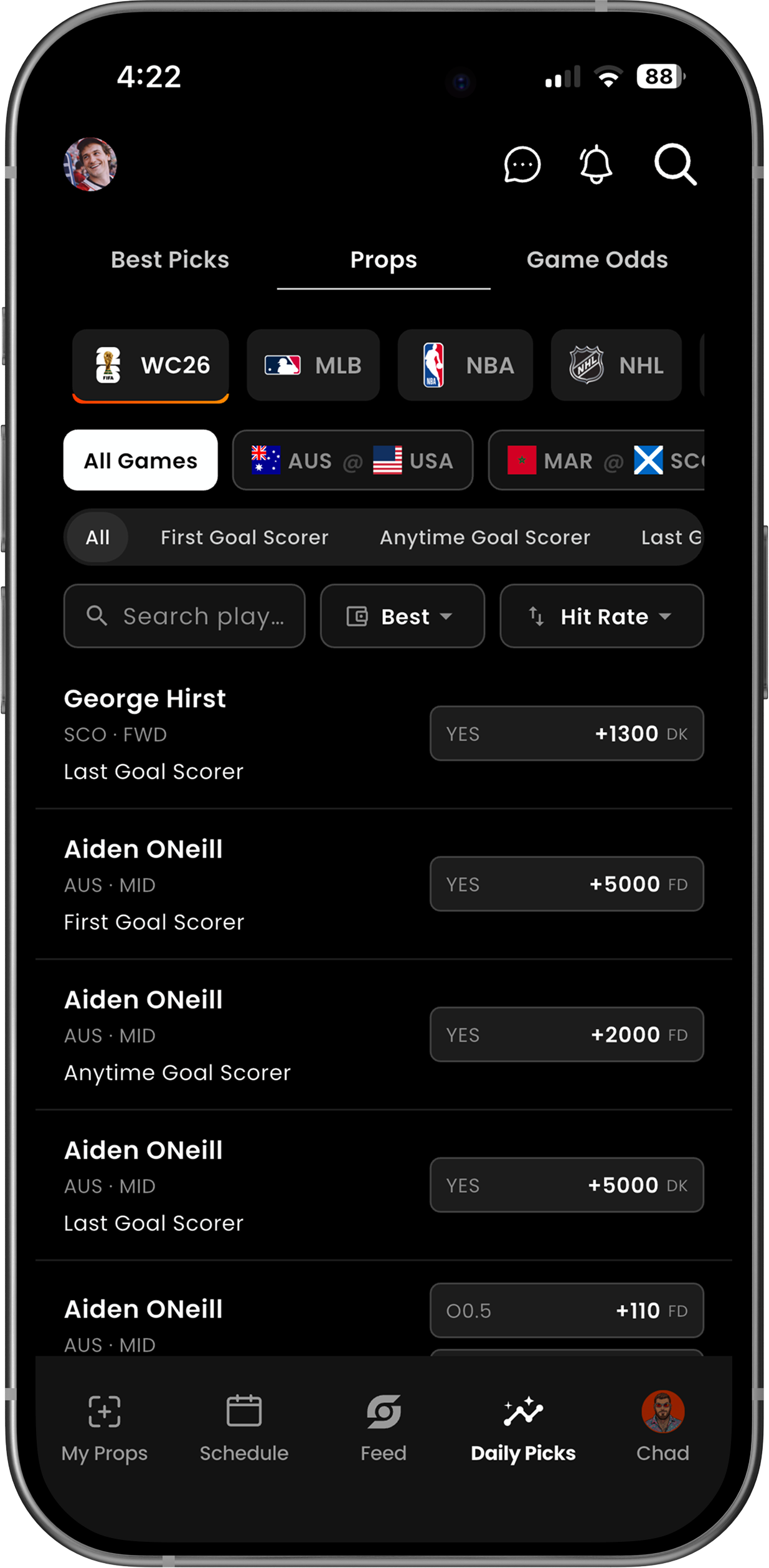Browse every prop. Sorted by hit rate.